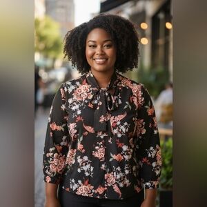 Lane bryant sz 18/20 long sleeve black Floral tie neck blouse WT173